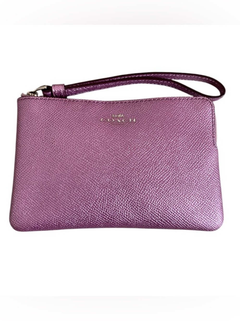 Coach corner zip lilac metallic leather wristlet